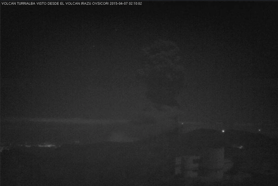 Though filmed at night, the ash column produced by Turrialba's latest eruption Tuesday morning is still vaguely visible in this screen capture taken from OVSICORI video footage.