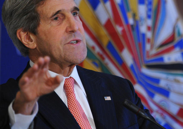 U.S. Secretary of State John Kerry speaks on U.S. policy with the Western Hemisphere on Nov. 18 at the Organization of American States headquarters in Washington, D.C. Kerry announced the end of the Monroe Doctrine in Latin America. Mandel Ngan/AFP