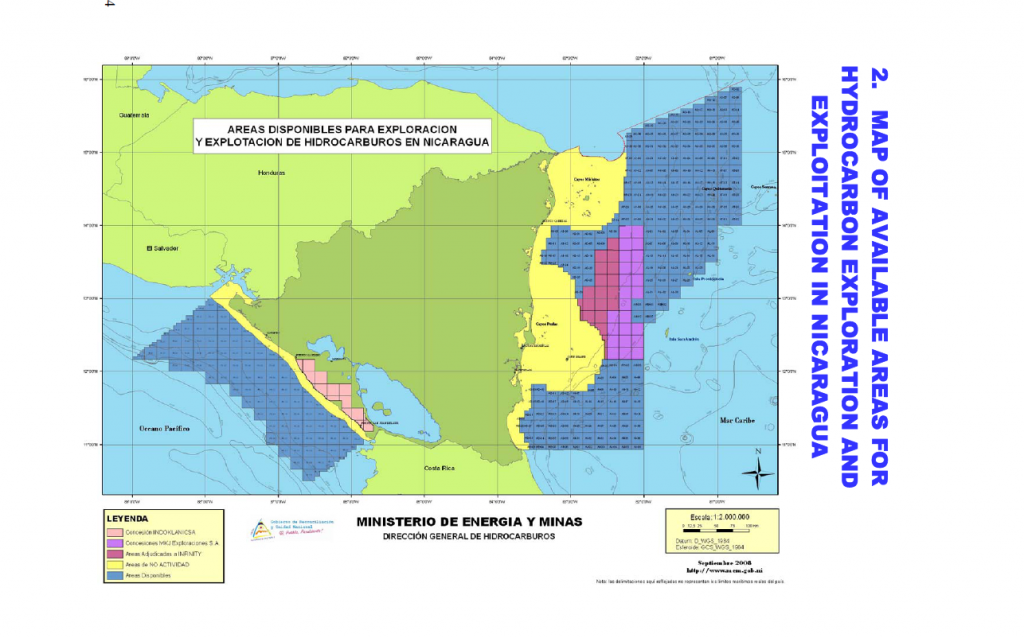 A map issued by the Nicaraguan government in July showing areas on offer for oil exploration. (Click to enlarge.)